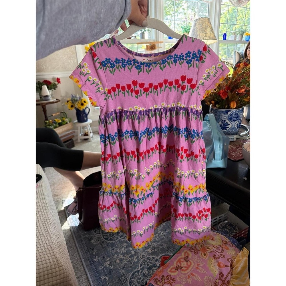 Mini Boden Kids' Tiered Cotton Jersey Dress in pink colorful rows-of-flow 6-7
